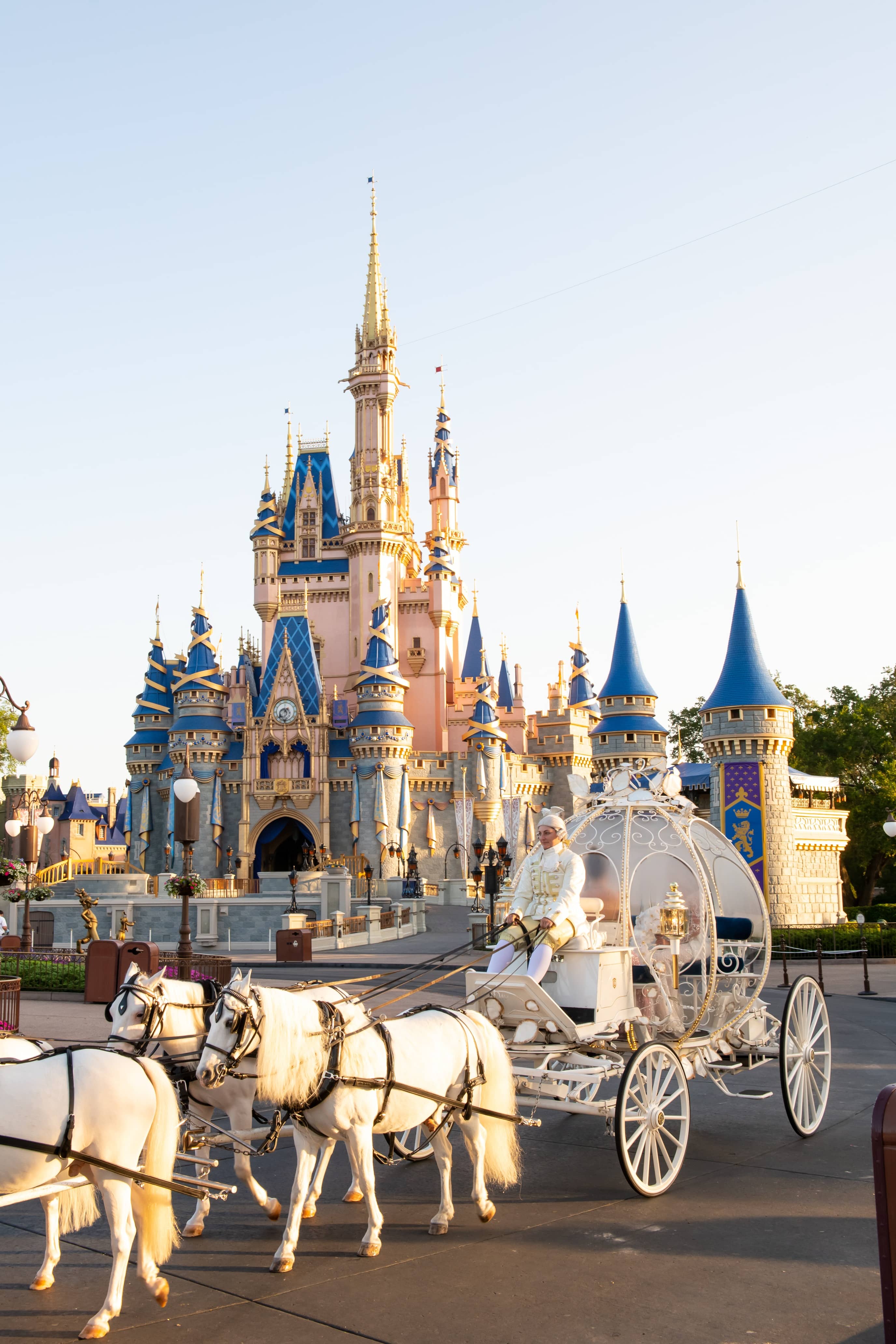 Magical Cinderella carriage with white horses at Disney castle during golden hour